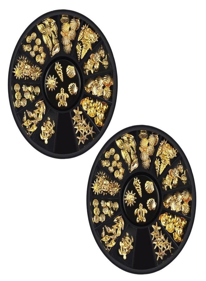 WaigN 2 Box 12 Styles Golds Nail Art Metal Studs Golds Metallic 3D Pieces Rivet Palm Tree Turtles Marine Life Charms for Summer Beach Ocean Manicure DIY Acrylic Nails Design Supply (Gold Ocean Studs) - Image 1